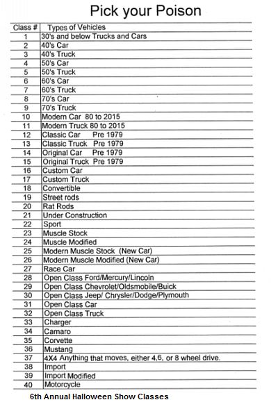The 6th Annual Halloween Classic Car Show class list